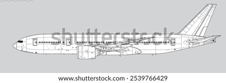 Boeing 777-200ER. Vector drawing of wide body long range jet airliner. Side view. Image for illustration and infographics.