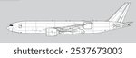 Boeing 777-200F Freighter. Vector drawing of cargo jet aircraft. Side view. Image for illustration and infographics.