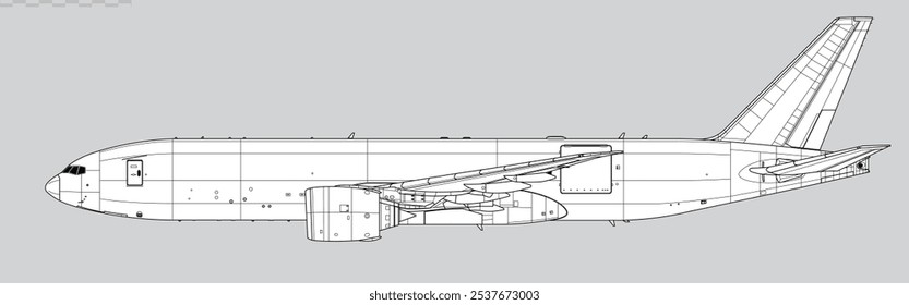 Boeing 777-200F Freighter. Vector drawing of cargo jet aircraft. Side view. Image for illustration and infographics.