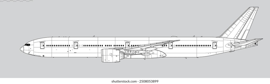 Boeing 777-300ER. Vector drawing of long-range, passenger jet airliner. Side view. Image for illustration and infographics.