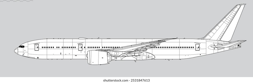 Boeing 777-8. Vector drawing of wide body jet airliner. Side view. Image for illustration and infographics.