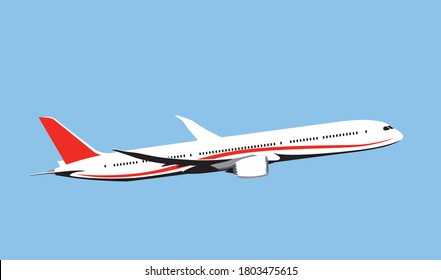 Boeing 787 Dreamliner. Elegant jet airliner takes off into the sky. Vector drawing for illustrations.