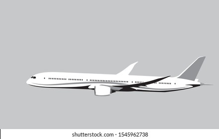 Boeing 787 Dreamliner. Flying airplane, takeoff airliner, commercial jet aircraft, airliner. Vector illustration. Vector template.