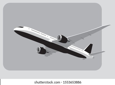 Boeing 787 Dreamliner. Flying airplane, takeoff airliner, commercial jet aircraft, airliner. Vector illustration. Vector template.