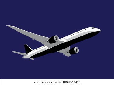 Boeing 787 Dreamliner. Passenger airliner taking off. Vector drawing for illustrations.