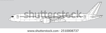 Boeing 787-10 Dreamliner. Vector drawing of passenger jet airliner. Side view. Image for illustration and infographics.