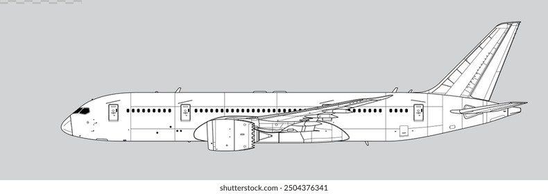 Boeing 787-8 Dreamliner. Vector drawing of passenger jet airliner. Side view. Image for illustration and infographics.