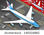 Boeing aircraft. Flat 3D isometric airplane vehicles. Plane Infographic elements. Landed Airplane in Airport. Armed Forces Military Aeroplane Isolated. Presidential Air Force One Vector Illustration.
