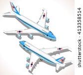 Boeing aircraft. Flat 3D isometric airplane vehicles. Plane Infographic elements. Landed Airplane in Airport. Armed Forces Military Airplane Isolated. Presidential Air Force One Vector Illustration.