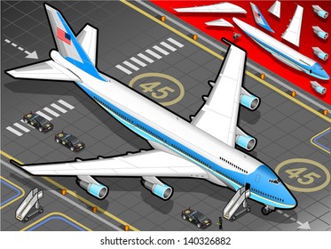 Boeing aircraft. Flat 3D isometric airplane vehicles. Plane Infographic elements. Landed Airplane in Airport. Armed Forces Military Aeroplane Isolated. Presidential Air Force One Vector Illustration. svg