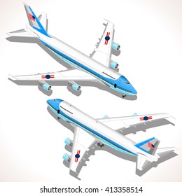 Boeing aircraft. Flat 3D isometric airplane vehicles. Plane Infographic elements. Landed Airplane in Airport. Armed Forces Military Airplane Isolated. Presidential Air Force One Vector Illustration. svg