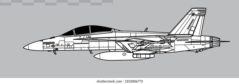 Boeing F-18F Super Hornet. Vector drawing of multirole fighter aircraft. Side view. Image for illustration and infographics.