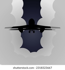 Boeing flies through storm clouds. Airplane in Stormy night Sky. Summer card with Plane. Aircraft silhouette in the Nighty background. Charter flight. Square Vector illustration.