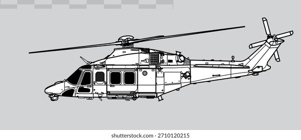 Vektorgrafik eines militärischen Transporthubschraubers. Seitenansicht. Bild für Illustration und Infografiken.