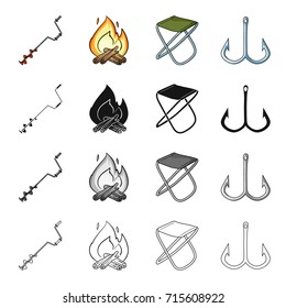 Boer fisherman, fire, fishing chair, double hook. Fishing set collection icons in cartoon black monochrome outline style vector symbol stock illustration web.