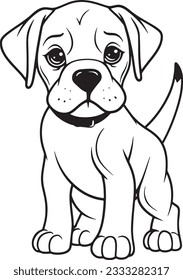 Boerboe bulldog black and white hand drawn cartoon portrait vector illustration. Funny Boerboel puppy standing and looking forward. Dogs, pets themed design element, icon, logo, coloring book page