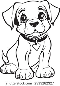 Boerboe bulldog black and white hand drawn cartoon portrait vector illustration. Funny Boerboel puppy sitting and looking forward. Dogs, pets themed design element, icon, logo, coloring book page