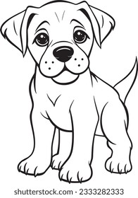 Boerboe bulldog black and white hand drawn cartoon portrait vector illustration. Funny Boerboel puppy standing and looking forward. Dogs, pets themed design element, icon, logo, coloring book page