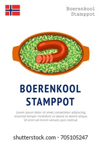 Boerenkool stamppot. Traditional norwegian dish. View from above. Vector flat illustration.