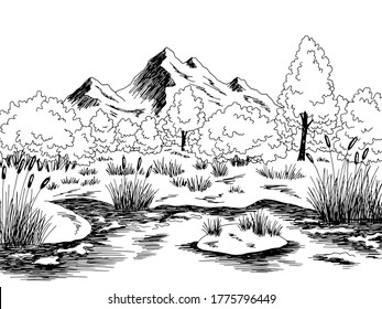 Bog swamp graphic black white landscape sketch illustration vector
