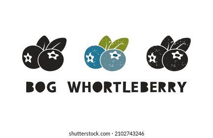 Bog whortleberry, silhouette icons set with lettering. Imitation of stamp, print with scuffs. Simple black shape and color vector illustration. Hand drawn isolated elements on white background