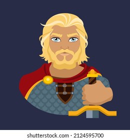 Bogatyr. Avatar of a bearded blond man in chain mail and a hand on the hilt of a sword. Historical military costumes. Flat illustration.