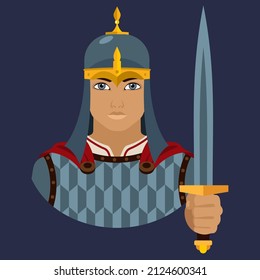 Bogatyr. Avatar of a man in an ancient helmet, chain mail holds a sword in his hand. Historical military costumes. Flat illustration.