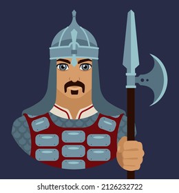 Bogatyr. The avatar of a man in an ancient helmet and chain mail holds a halberd in his hand. Historical military costumes. Flat illustration.