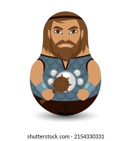 Bogatyr. Old Slavic bearded warrior in armor and with a studded mace in his hands. Design tilting toy. Modern kawaii dolls for your business project. Flat vector illustration.