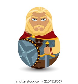 Bogatyr. Old Slavic warrior blond in armor and with a sword and shield in his hands. Design tilting toy. Modern kawaii dolls for your business project. Flat vector illustration.