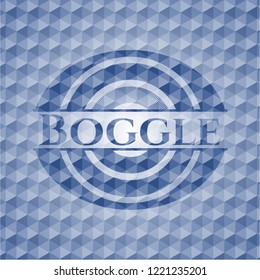 Boggle blue emblem or badge with abstract geometric pattern background.