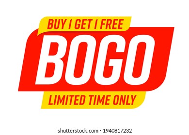 Bogo badge template with buy one get one limited time offer. Store gift, shop bonus, market wholesale, holiday discount marketing promo vector illustration isolated on white background