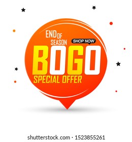BOGO, sale banner design template, buy 1 get 1 free, discount speech bubble tag, end of season, special offer, vector illustration