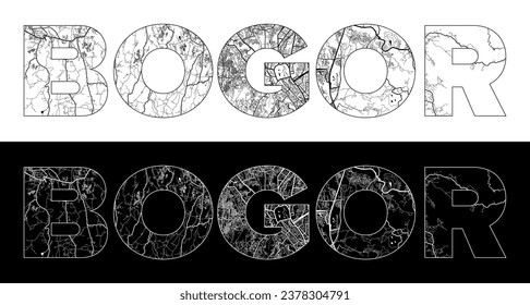 Bogor City Name (Indonesia, Asia) with black white city map illustration vector
