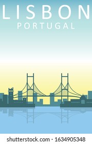 Bogor, Indonesia - January 28th 2020. Flat Illustration. Awesome city view in sunny day in twenty fifth April Bridge, Lisbon. Enjoy the travel. Around the world. Quality vector poster. Portugal.