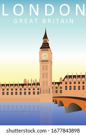 Bogor, Indonesia - March 20th 2020. Flat Illustration. Big Ben Tower in London. Travel around the world concept. Quality vector poster. Great Britain