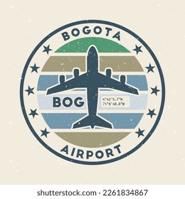 Bogota airport insignia. Round badge with vintage stripes, airplane shape, airport IATA code and GPS coordinates. Charming vector illustration.