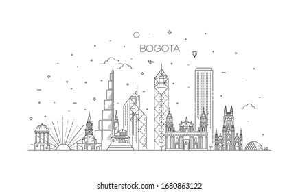 Bogota architecture line skyline illustration. Linear vector cityscape with famous landmarks