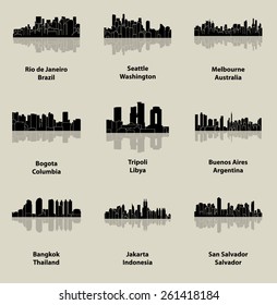 Bogota, Buenos Aires, Jakarta, Salvador, Melbourne, Bangkok, Seattle, Tripoli, Rio de Janeiro (Set of 9 city silhouette)