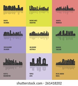 Bogota, Buenos Aires, Jakarta, Salvador, Melbourne, Bangkok, Seattle, Tripoli, Rio de Janeiro (Set of 9 city silhouette)