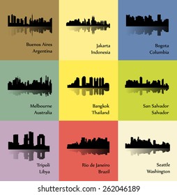 Bogota, Buenos Aires, Jakarta, Salvador, Melbourne, Bangkok, Seattle, Tripoli, Rio de Janeiro (Set of 9 city silhouette)