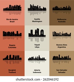 Bogota, Buenos Aires, Jakarta, Salvador, Melbourne, Bangkok, Seattle, Tripoli, Rio de Janeiro (Set of 9 city silhouette)