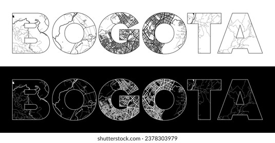 Bogota City Name (Colombia, South America) with black white city map illustration vector