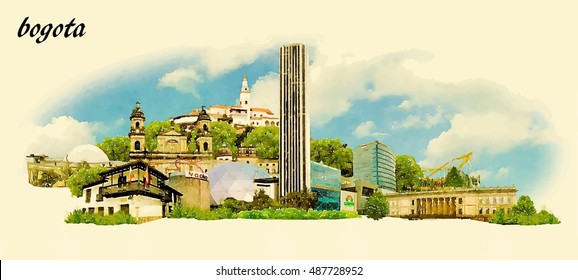 BOGOTA city panoramic vector water color illustration  