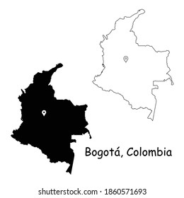 Bogota Colombia. Detailed Country Map with Location Pin on Capital City. Black silhouette and outline maps isolated on white background. EPS Vector