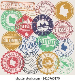 Bogota Colombia Set of Stamps. Travel Stamp. Made In Product. Design Seals Old Style Insignia.