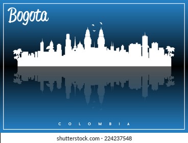 Bogota, Colombia skyline silhouette vector design on parliament blue and black background.