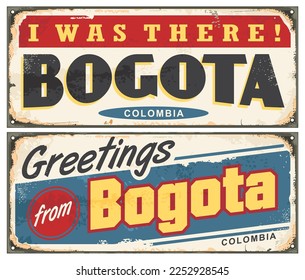 Bogota Colombia vintage metal sign design. Retro greeting card idea from Bogota. Travel destinations vector illustration.