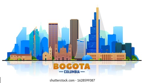 Bogota ( Columbia ) city skyline at white background. Flat vector illustration. Business travel and tourism concept with modern buildings. Image for banner or web site.