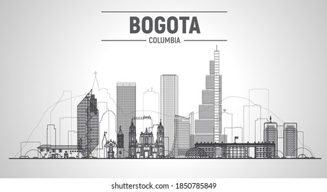 Bogota ( Columbia ) line skyline at white background. Stroke flat vector illustration. Business travel and tourism concept with modern buildings. Image for banner or web site.